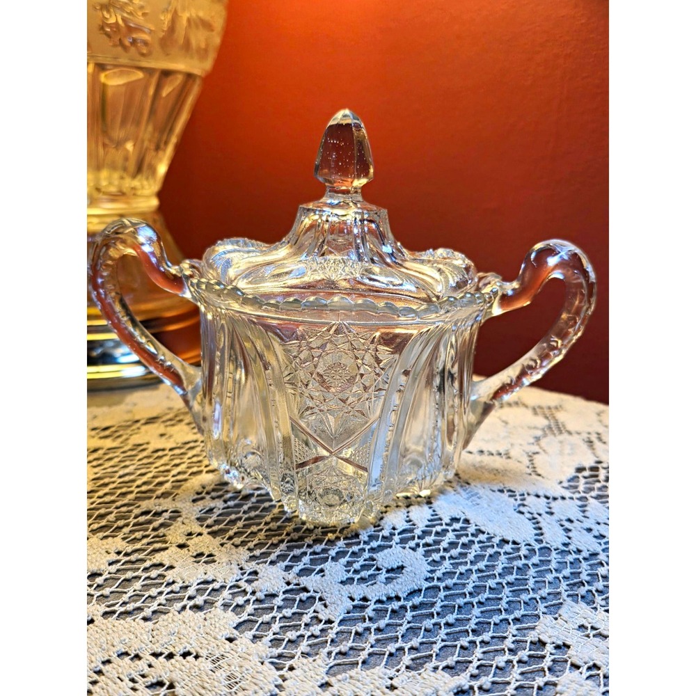Vintage Clear Pressed Glass Sugar Bowl with Lid Starburst Pattern EAPG Style